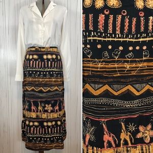 Vintage Safari Midi Skirt, Black & Gold Batik